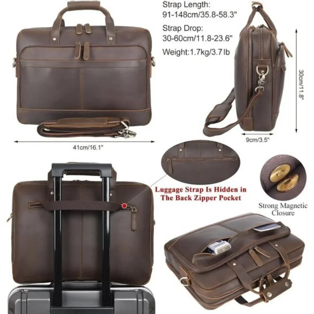 ⚡Men Deep Brown Fits 15.6 Inch Laptop Crossbody Bag Attached Leather Briefcase